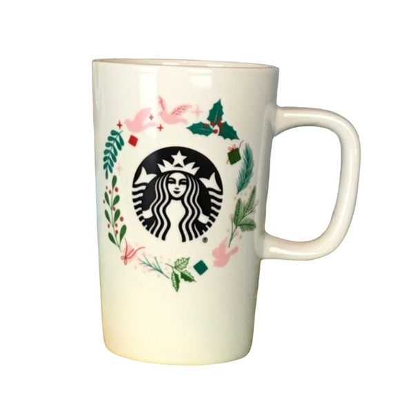 Starbucks Holiday Motif Mermaid Pink Doves Holly Tall Coffee Mug Cup 12 oz - Picture 1 of 12